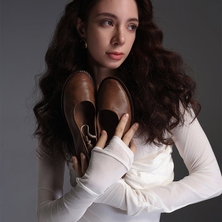 Ballerines Mary Jane minimalistes en cuir de cheval fait main pour femmes en noir/marron