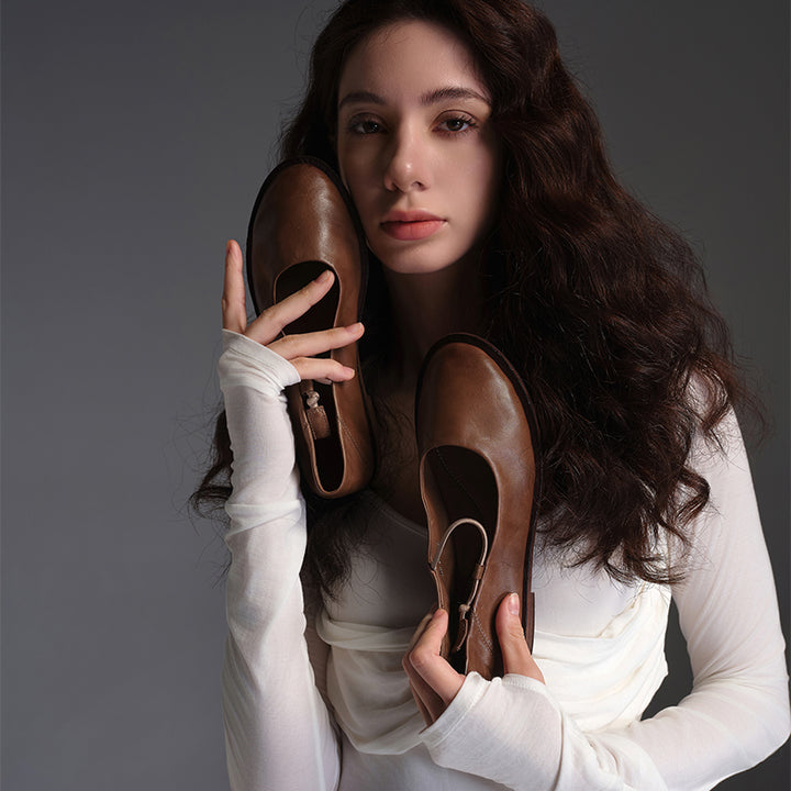 Ballerines Mary Jane minimalistes en cuir de cheval fait main pour femmes en noir/marron