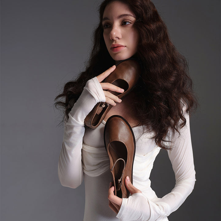 Ballerines Mary Jane minimalistes en cuir de cheval fait main pour femmes en noir/marron