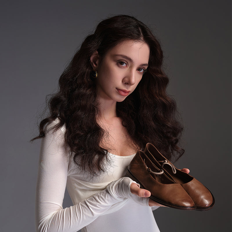 Ballerines Mary Jane minimalistes en cuir de cheval fait main pour femmes en noir/marron