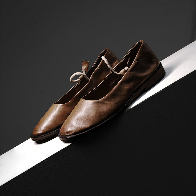 Ballerines Mary Jane minimalistes en cuir de cheval fait main pour femmes en noir/marron