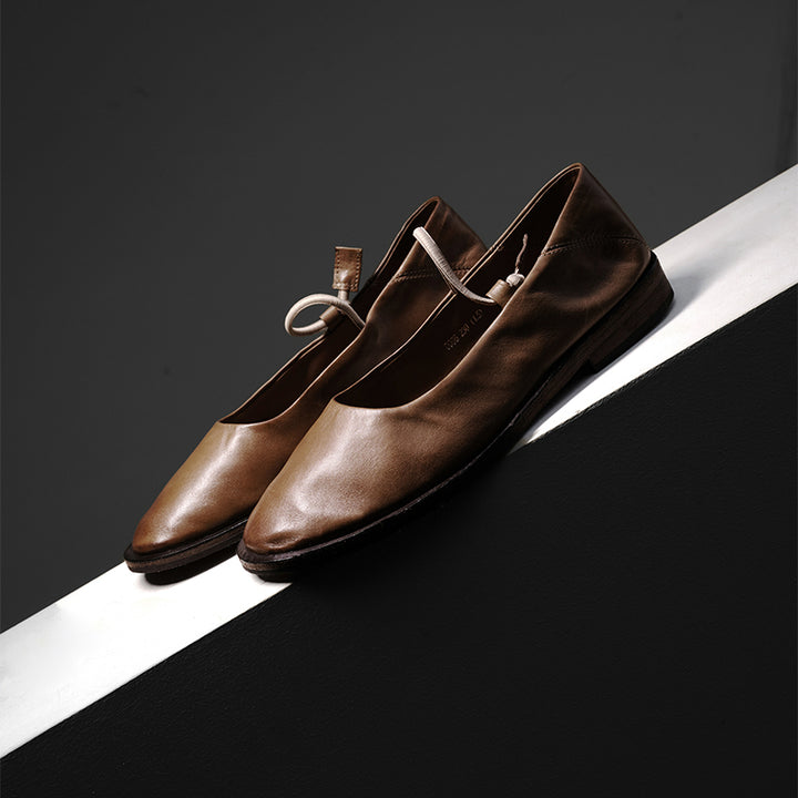 Ballerines Mary Jane minimalistes en cuir de cheval fait main pour femmes en noir/marron