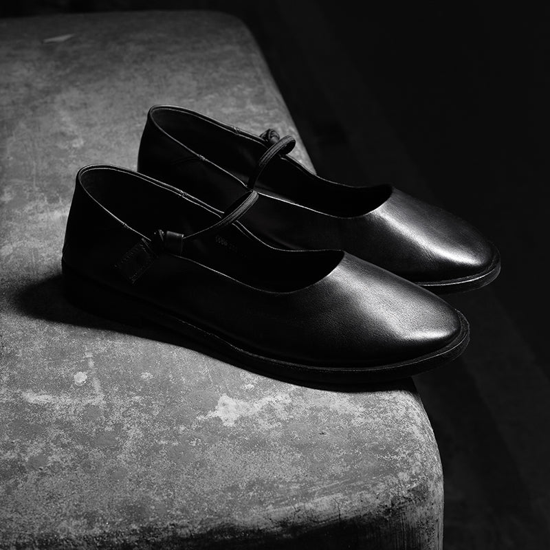 Ballerines Mary Jane minimalistes en cuir de cheval fait main pour femmes en noir/marron