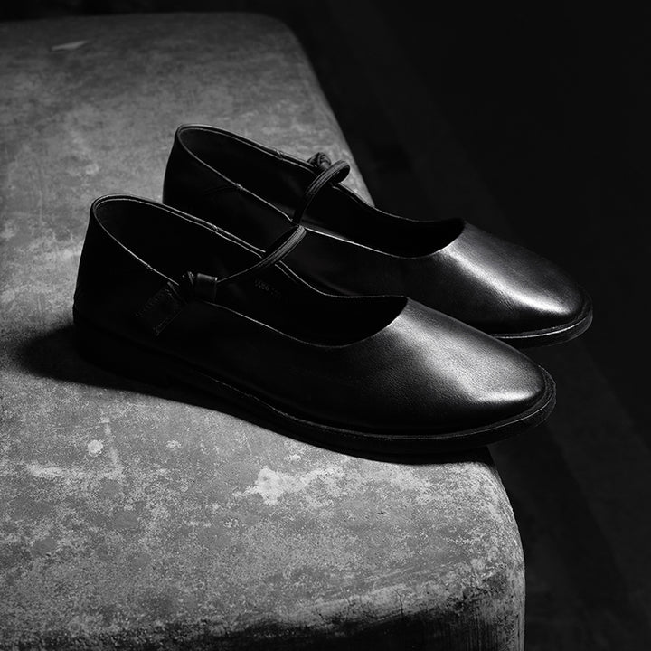 Ballerines Mary Jane minimalistes en cuir de cheval fait main pour femmes en noir/marron