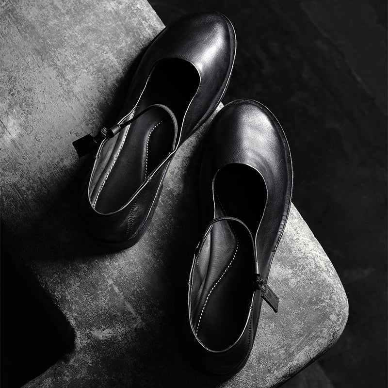 Ballerines Mary Jane minimalistes en cuir de cheval fait main pour femmes en noir/marron