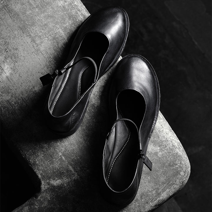 Ballerines Mary Jane minimalistes en cuir de cheval fait main pour femmes en noir/marron
