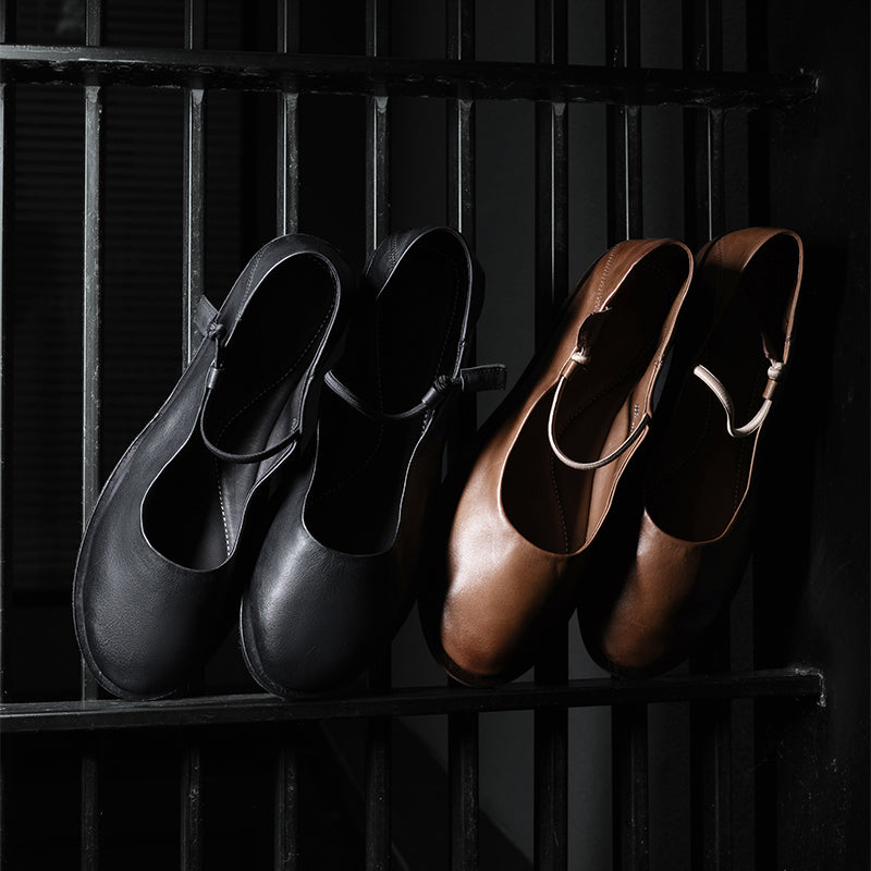 Ballerines Mary Jane minimalistes en cuir de cheval fait main pour femmes en noir/marron