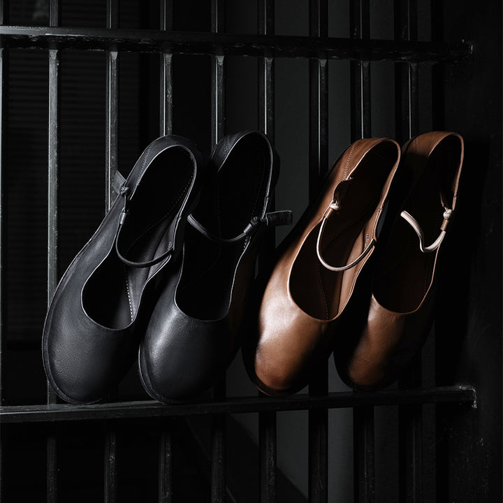 Ballerines Mary Jane minimalistes en cuir de cheval fait main pour femmes en noir/marron