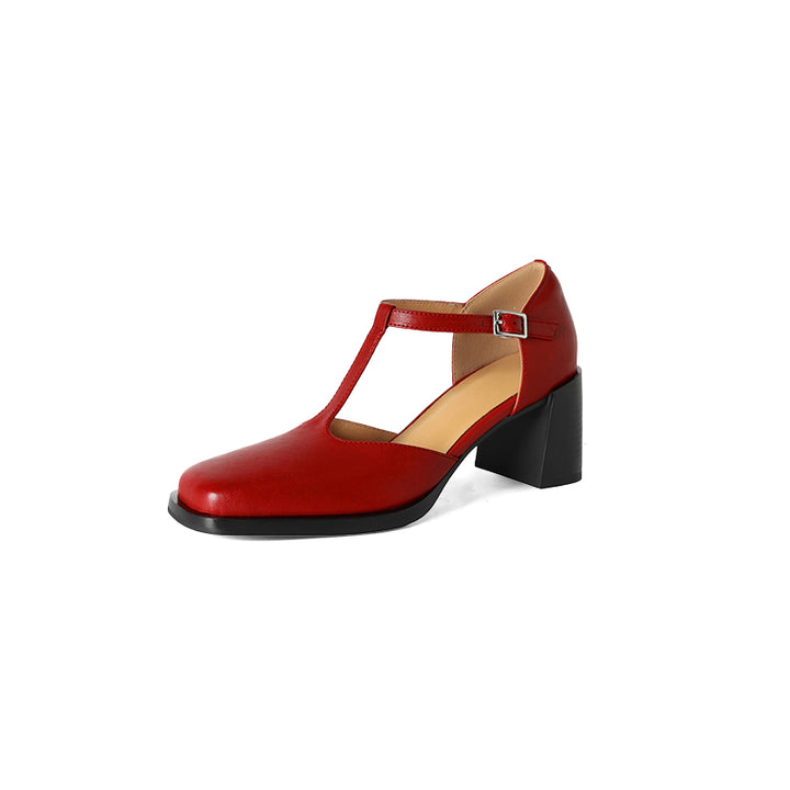 Talons Mary Jane T-Strap en cuir à bout carré chunky de 65 mm pour femmes en noir/marron/rouge