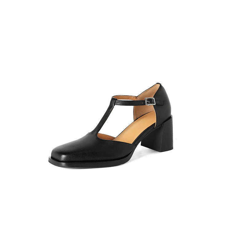 Talons Mary Jane T-Strap en cuir à bout carré chunky de 65 mm pour femmes en noir/marron/rouge
