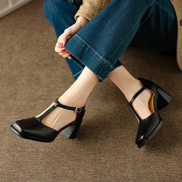 Talons Mary Jane T-Strap en cuir à bout carré chunky de 65 mm pour femmes en noir/marron/rouge