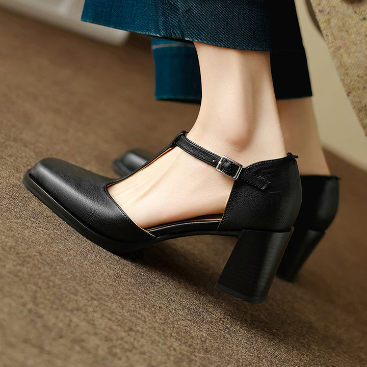Talons Mary Jane T-Strap en cuir à bout carré chunky de 65 mm pour femmes en noir/marron/rouge