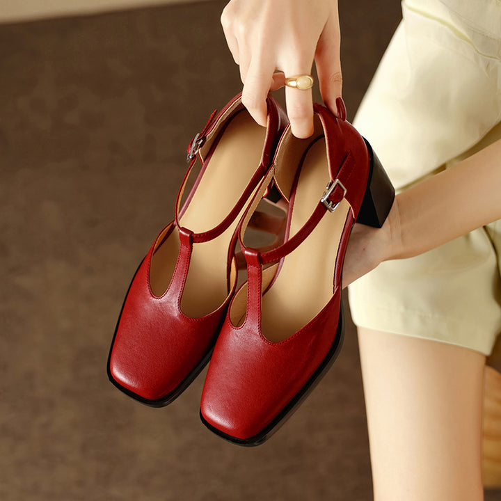 Talons Mary Jane T-Strap en cuir à bout carré chunky de 65 mm pour femmes en noir/marron/rouge