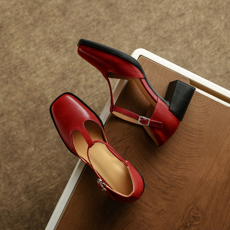 Talons Mary Jane T-Strap en cuir à bout carré chunky de 65 mm pour femmes en noir/marron/rouge