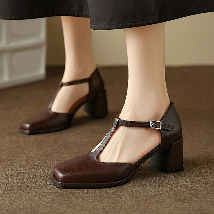 Talons Mary Jane T-Strap en cuir à bout carré chunky de 65 mm pour femmes en noir/marron/rouge