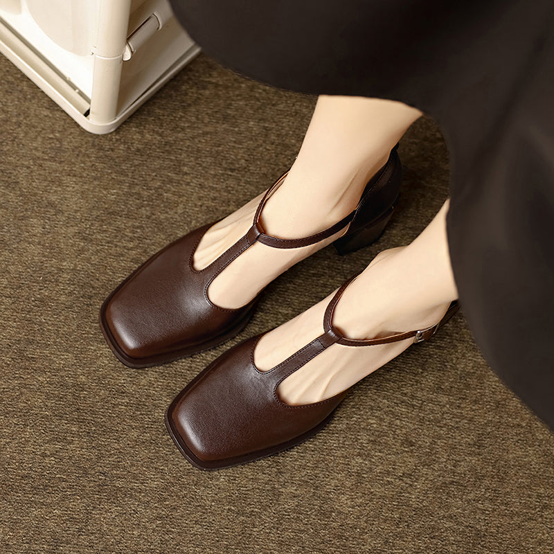 Talons Mary Jane T-Strap en cuir à bout carré chunky de 65 mm pour femmes en noir/marron/rouge