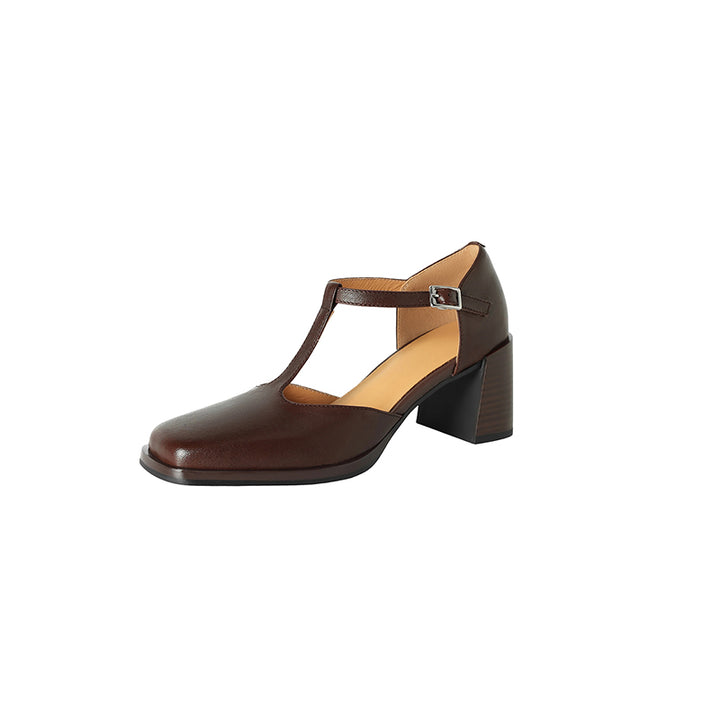 Talons Mary Jane T-Strap en cuir à bout carré chunky de 65 mm pour femmes en noir/marron/rouge
