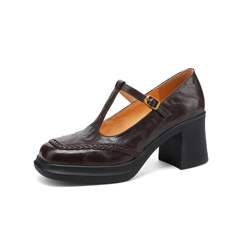 Talons Mary Jane T-Strap en cuir de mouton à bout carré vintage de 75 mm en noir/marron