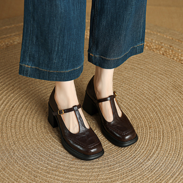 Talons Mary Jane T-Strap en cuir de mouton à bout carré vintage de 75 mm en noir/marron