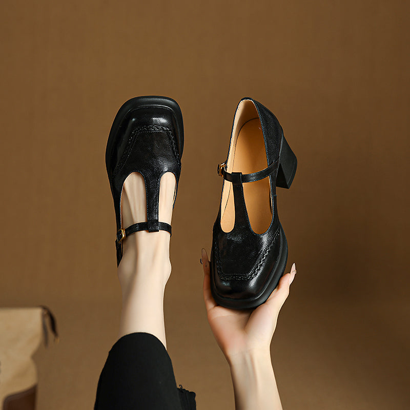Talons Mary Jane T-Strap en cuir de mouton à bout carré vintage de 75 mm en noir/marron