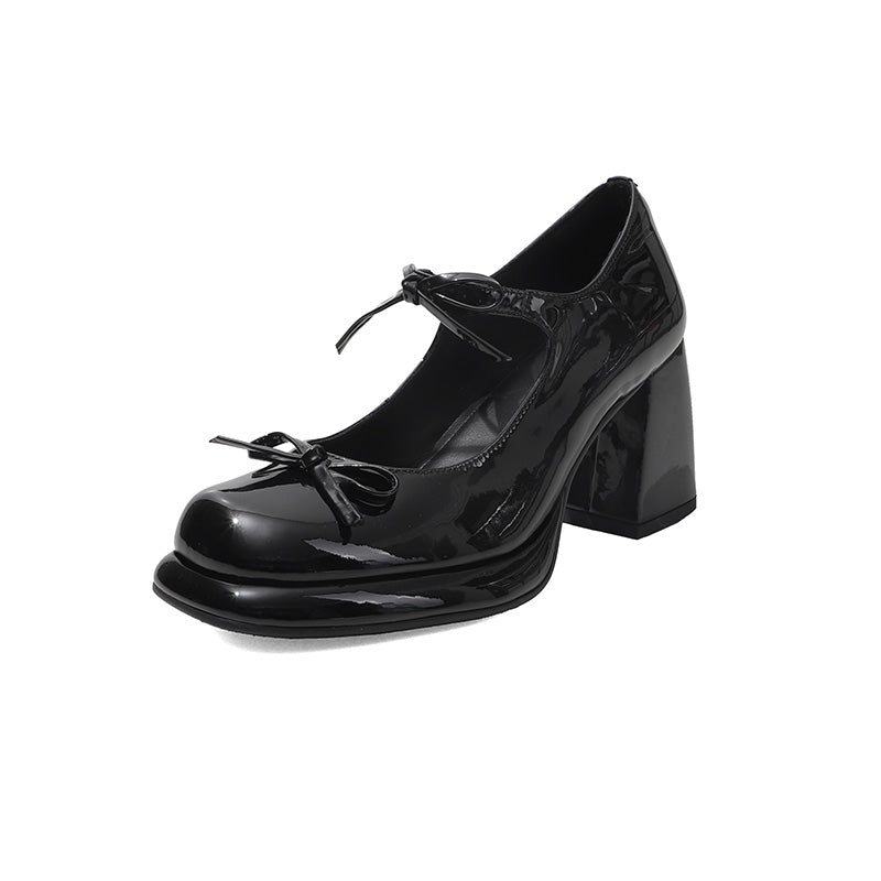 Pompes Mary Jane chunky de 75 mm en cuir de vache avec nœud dans le style Y2K en marron/noir