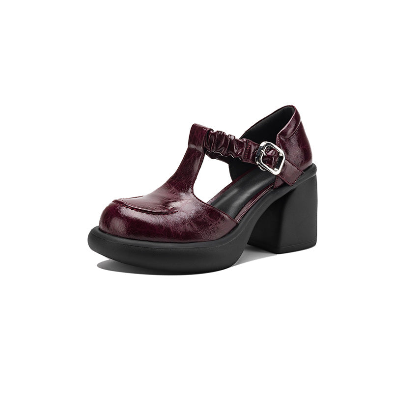 Talons Mary Jane T-Strap vintage froncés de 80 mm avec plateforme chunky en rouge vin/noir