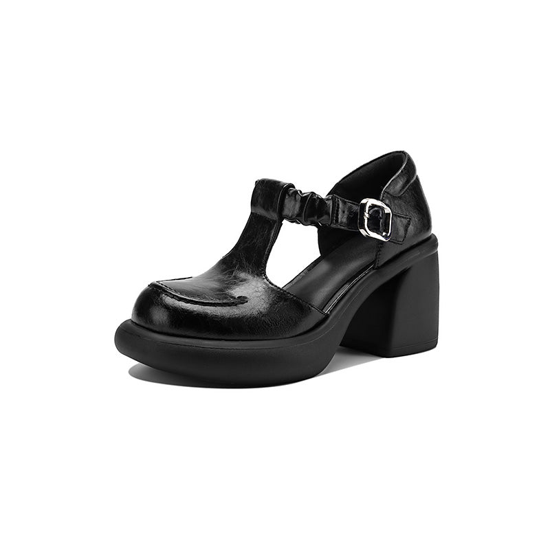 Talons Mary Jane T-Strap vintage froncés de 80 mm avec plateforme chunky en rouge vin/noir
