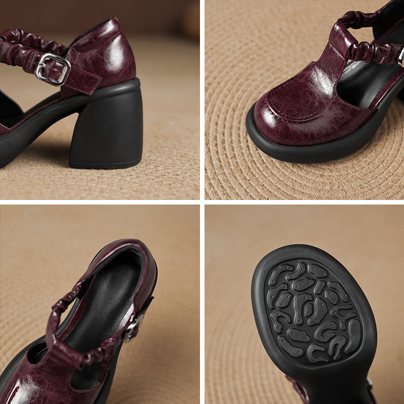 Talons Mary Jane T-Strap vintage froncés de 80 mm avec plateforme chunky en rouge vin/noir