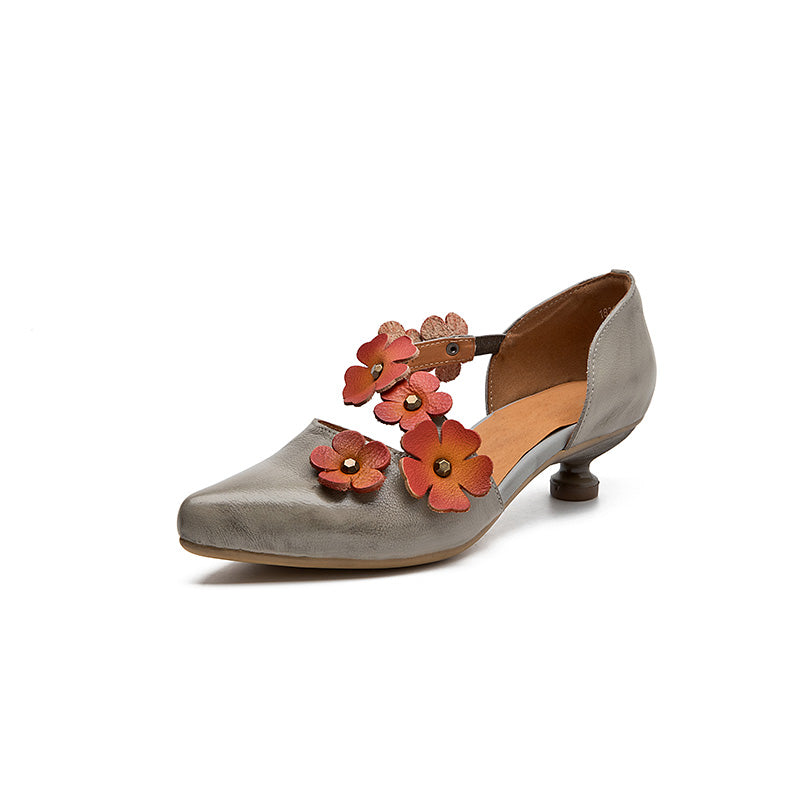 Pompes à talon kitten à bout pointu avec embellissement floral 3D, chaussures élégantes vintage en gris