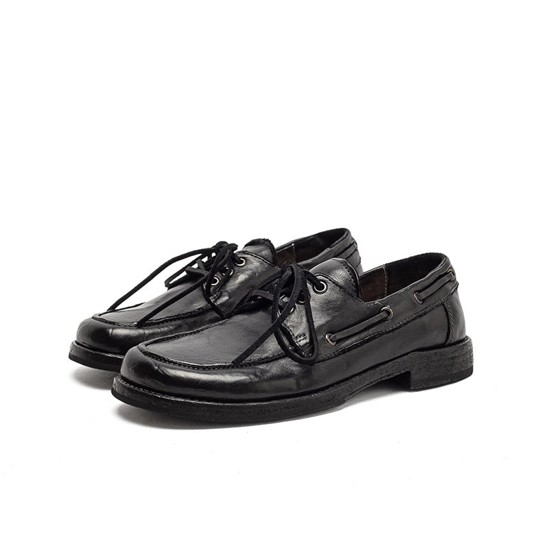 Chaussures bateau vintage style britannique en cuir de cheval fait main à lacets pour le quotidien en noir/ambre