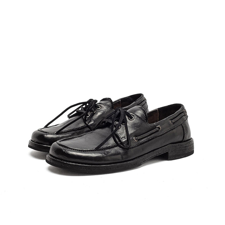 Chaussures bateau vintage style britannique en cuir de cheval fait main à lacets pour le quotidien en noir/ambre