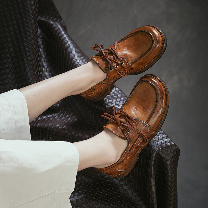 Chaussures bateau vintage style britannique en cuir de cheval fait main à lacets pour le quotidien en noir/ambre