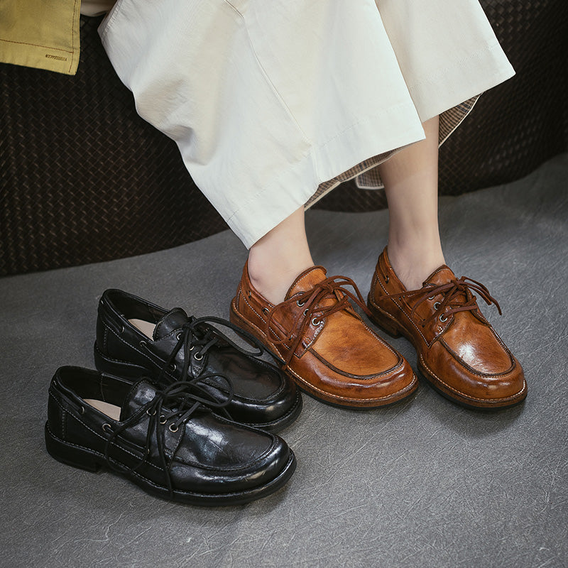 Chaussures bateau vintage style britannique en cuir de cheval fait main à lacets pour le quotidien en noir/ambre