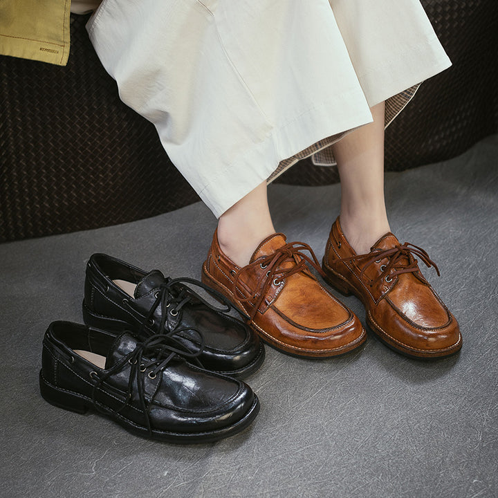 Chaussures bateau vintage style britannique en cuir de cheval fait main à lacets pour le quotidien en noir/ambre