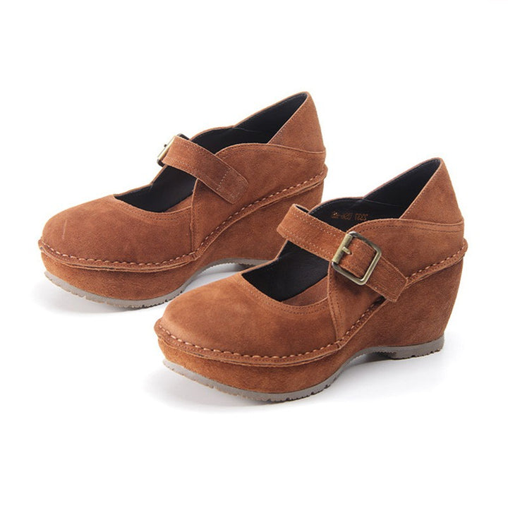 Mary Jane Wedge Heels Hook &amp; Loop Handmade Leather Platforms in Brown/Black/White