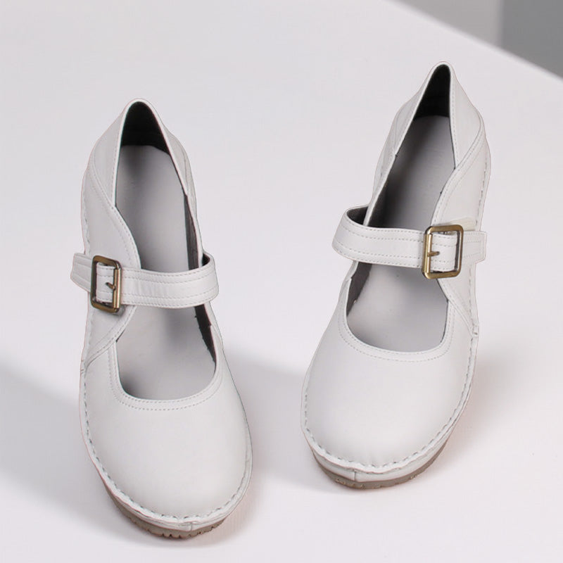 Mary Jane Wedge Heels Hook &amp; Loop Handmade Leather Platforms in Brown/Black/White