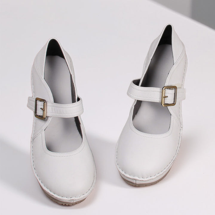 Mary Jane Wedge Heels Hook &amp; Loop Handmade Leather Platforms in Brown/Black/White
