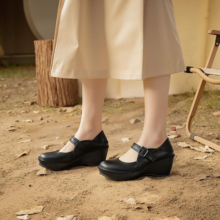 Mary Jane Wedge Heels Hook &amp; Loop Handmade Leather Platforms in Brown/Black/White