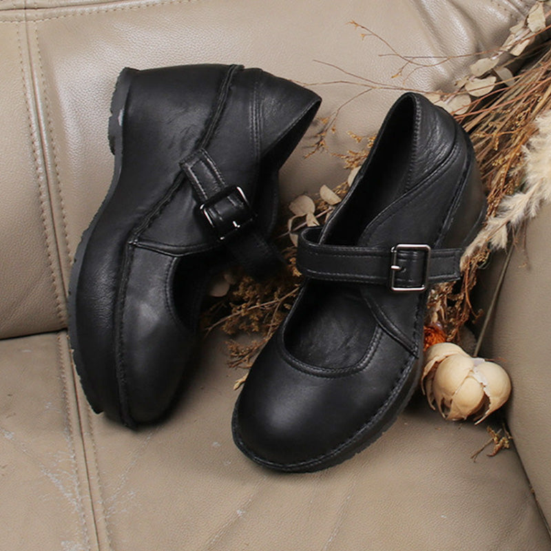 Mary Jane Wedge Heels Hook &amp; Loop Handmade Leather Platforms in Brown/Black/White