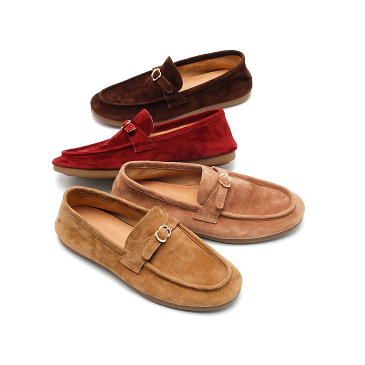 Mocassins en cuir suédé de mouton faits main avec boucle à enfiler pour femmes en 4 couleurs
