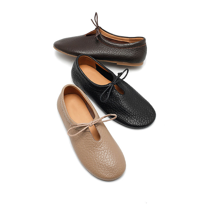 Ballerines rétro faites main en cuir de mouton souple pour femmes en noir/gris/marron