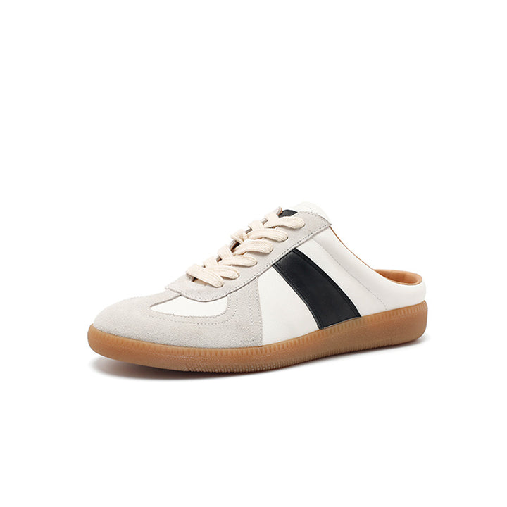 Baskets mules en cuir faites main de style GAT, sans arrière, à enfiler, rétro en beige/argent