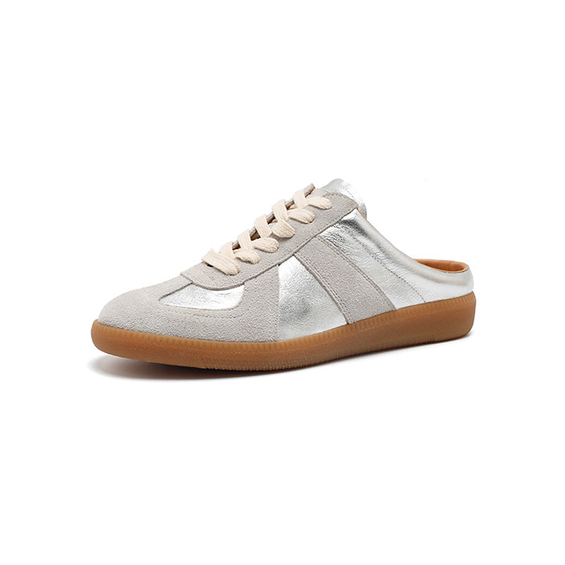 Baskets mules en cuir faites main de style GAT, sans arrière, à enfiler, rétro en beige/argent
