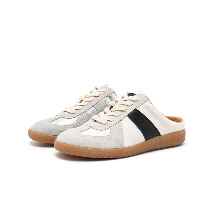 Baskets mules en cuir faites main de style GAT, sans arrière, à enfiler, rétro en beige/argent