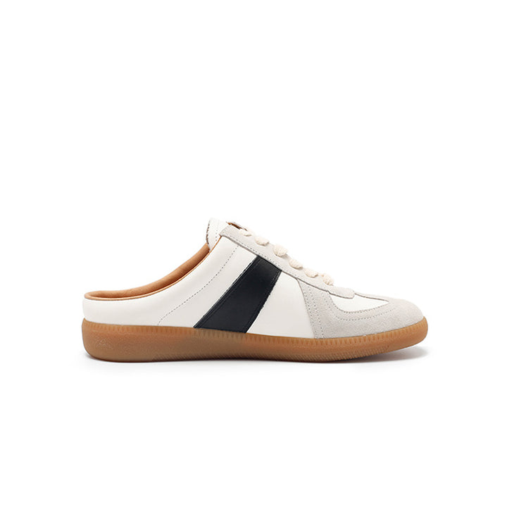 Baskets mules en cuir faites main de style GAT, sans arrière, à enfiler, rétro en beige/argent