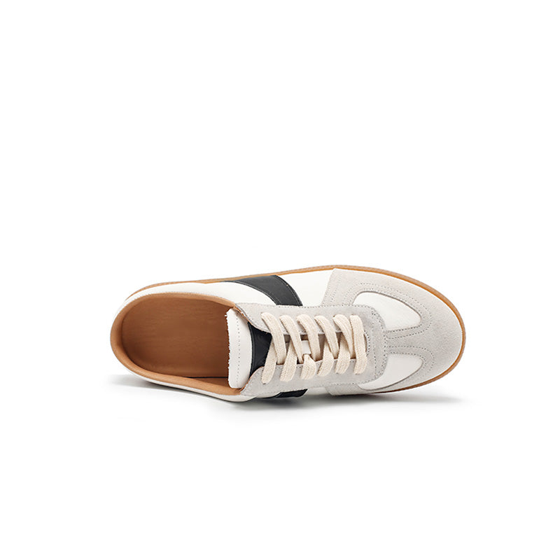 Baskets mules en cuir faites main de style GAT, sans arrière, à enfiler, rétro en beige/argent