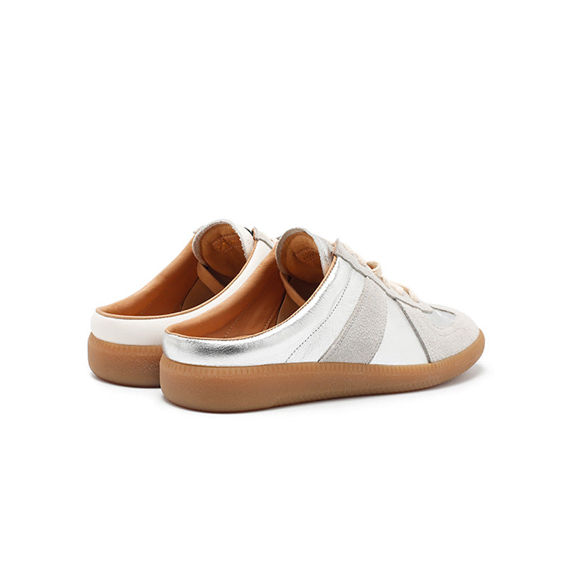 Baskets mules en cuir faites main de style GAT, sans arrière, à enfiler, rétro en beige/argent
