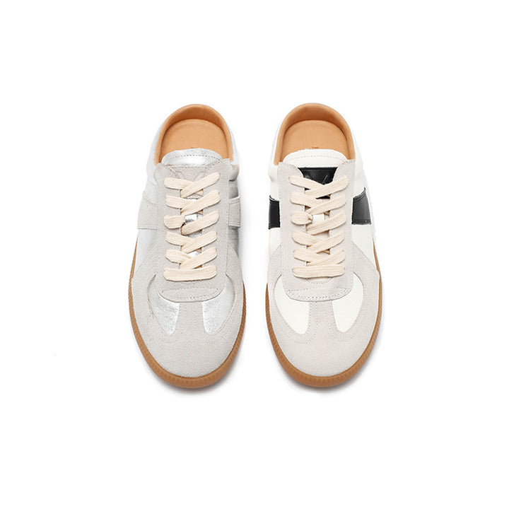 Baskets mules en cuir faites main de style GAT, sans arrière, à enfiler, rétro en beige/argent