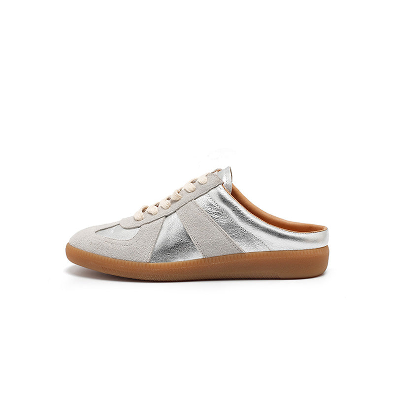 Baskets mules en cuir faites main de style GAT, sans arrière, à enfiler, rétro en beige/argent