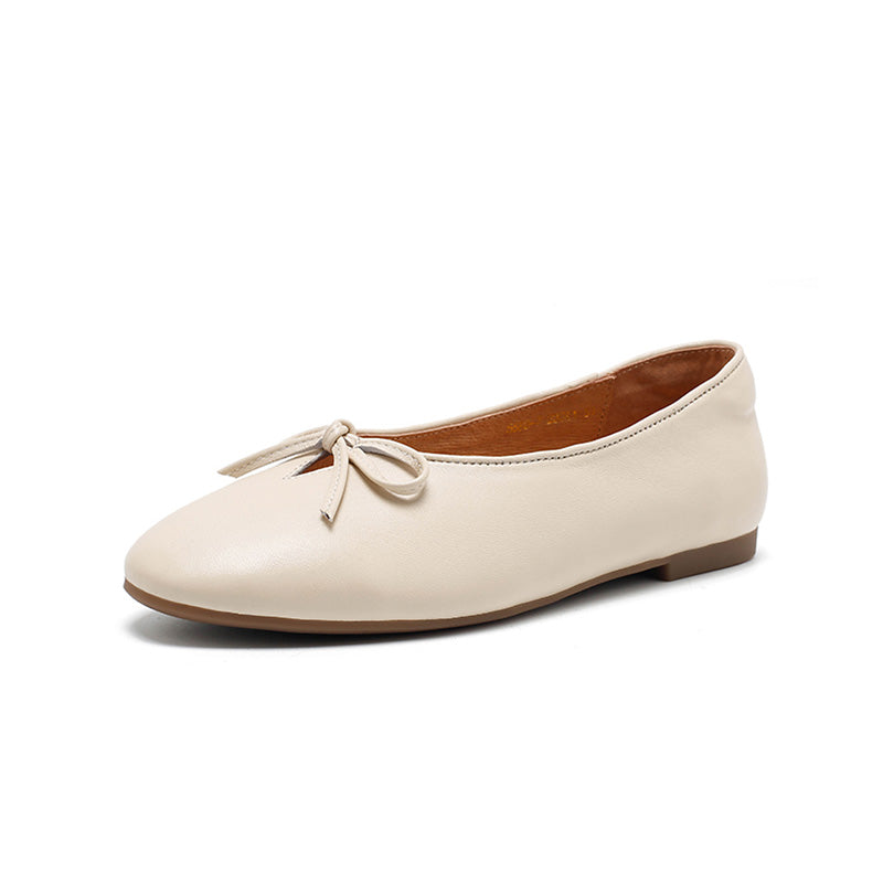 Ballerines en cuir avec nœud pour femmes, faites main, classiques, pour tous les jours en noir/beige